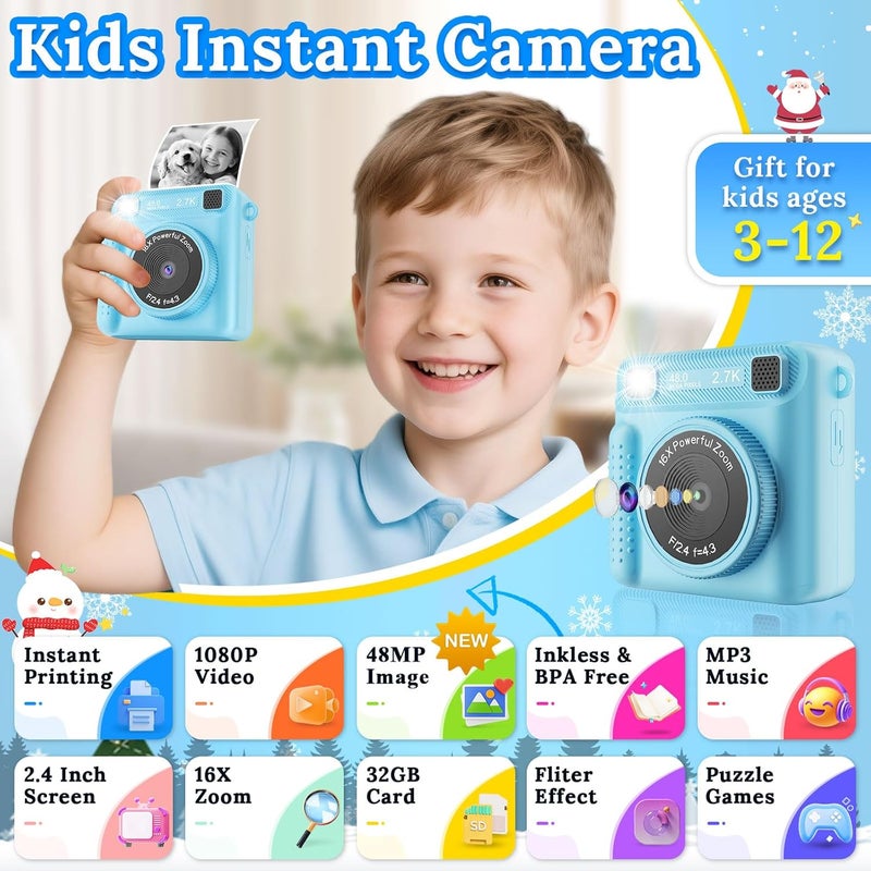 JPVERLY Instant Print Camera for Kids, 1080P Digital Kids Camera, Christmas Birthday Gift for 3-12 Years Old Girls & Boys, Portable Toy with 32GB SD Card & 3 Rolls Printing Paper (Blue Pro) - Image 2
